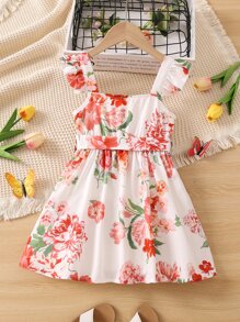 Toddler Girls Floral Print Ruffle Trim A Line Dress - White - View 2