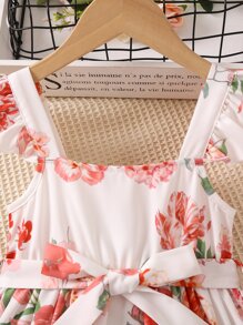 Toddler Girls Floral Print Ruffle Trim A Line Dress - White - View 4