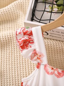 Toddler Girls Floral Print Ruffle Trim A Line Dress - White - View 5