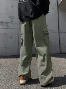 ROMWE MEN Guys Flap Pocket Side Cargo Pants - Army Green - View 2