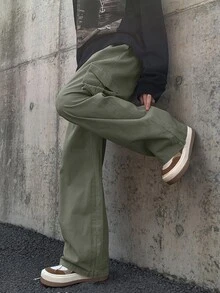 ROMWE MEN Guys Flap Pocket Side Cargo Pants - Army Green - View 5