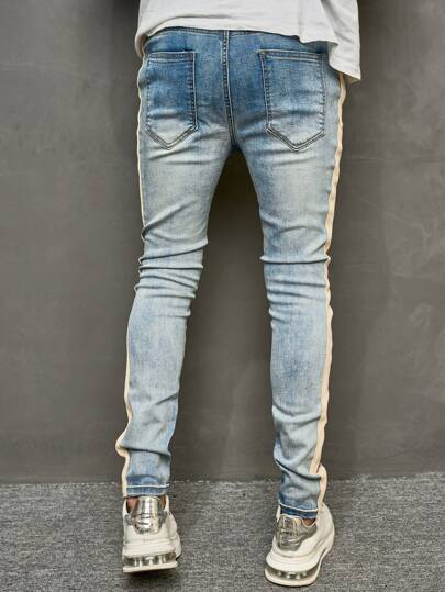 Jean Skinny en coton pour homme avec couture latérale contrastée, Slim Fit, longueurs, lavage sombre, pantalon cargo, bleu clair uni pour fête, mode décontractée entre amis