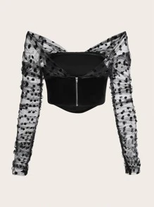 SHEIN Privé Plus Polka Dot Mesh Panel Off Shoulder Top - Black - View 2