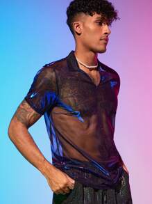 Manfinity Hombres Camisa polo de malla transparente - Morado - Ver 1