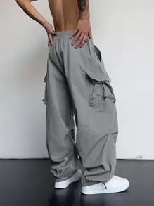 Manfinity Roghcode Pantalones holgados de carga con bolsillo con solapa, cordón en la cintura, para hombre, otoño - Gris - Ver 2