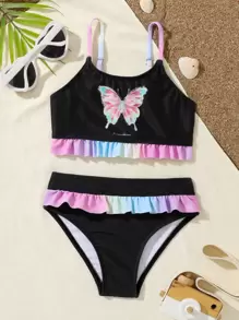 Young Girl Butterfly Print Ruffle Trim Bikini Set Summer Beach - Black - View 1