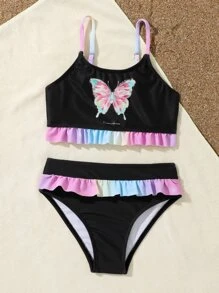 Young Girl Butterfly Print Ruffle Trim Bikini Set Summer Beach - Black - View 3