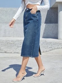 SHEIN Essnce 高腰斜口袋牛仔半身裙