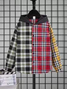 SHEIN 男孩格子呢圖案連帽襯衫