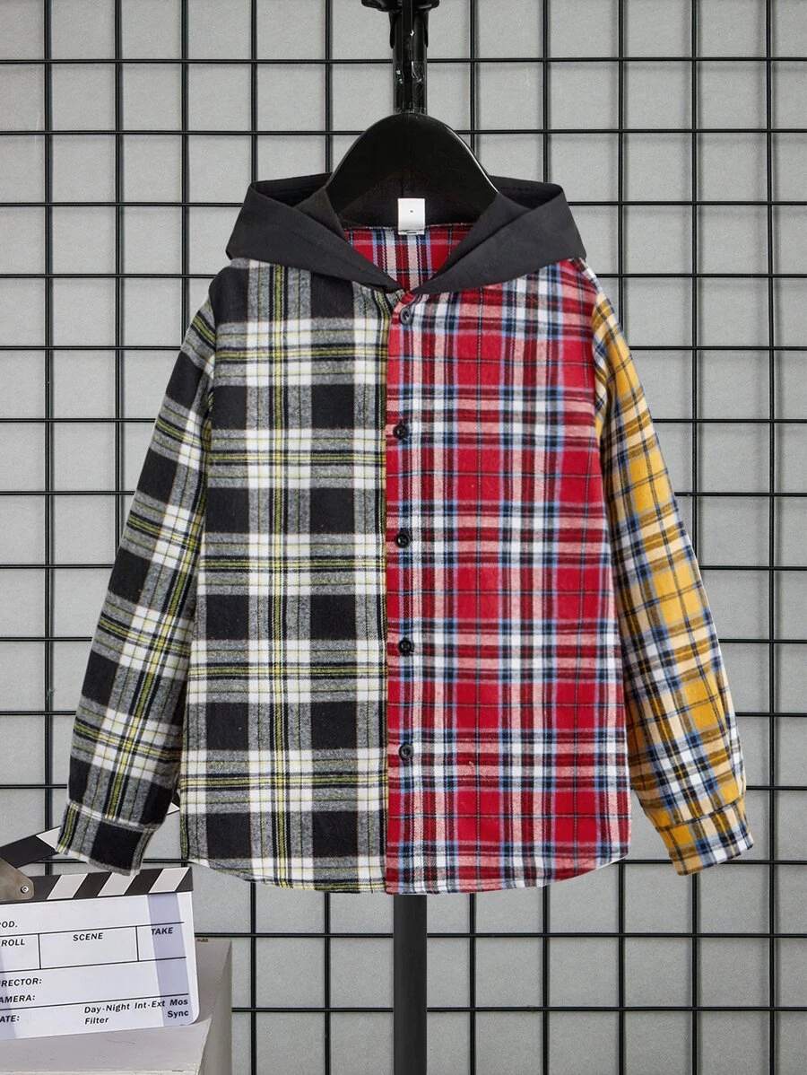 SHEIN 男孩格子呢圖案連帽襯衫