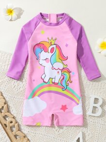 Baby Girl Unicorn Print Zipper Back Raglan Sleeve One Piece Swimsuit - Pink - View 1