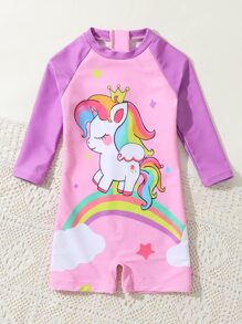 Baby Girl Unicorn Print Zipper Back Raglan Sleeve One Piece Swimsuit - Pink - View 3