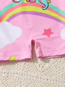 Baby Girl Unicorn Print Zipper Back Raglan Sleeve One Piece Swimsuit - Pink - View 5