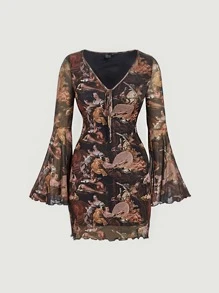 SHEIN MOD Figure Graphic Tie Front Lettuce Trim Mesh Dress - Multicolor - View 2