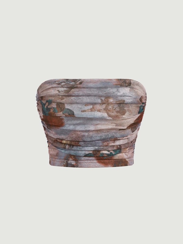 SHEIN MOD Retro Vintage Summer Figure Print Ruched Detail Tube Top