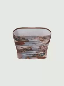 SHEIN MOD Retro Vintage Summer Figure Print Ruched Detail Tube Top - Multicolor - View 2