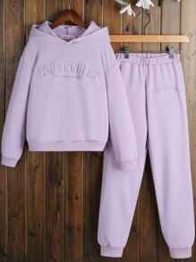 Girls Letter Textured Drop Shoulder Hoodie & Joggers - Purple - View 1