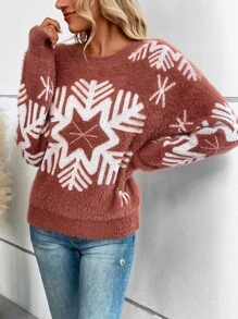 SHEIN Unity 聖誕圖案落肩袖套頭毛衣 - 紅木色 - 查看 3