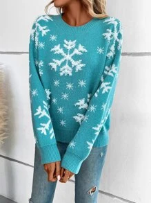 SHEIN LUNE 雪花圖案落肩袖套頭毛衣 - 薄荷藍 - 查看 3