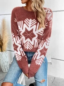 SHEIN Unity 聖誕圖案落肩袖套頭毛衣 - 紅木色 - 查看 6