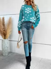 SHEIN LUNE 雪花圖案落肩袖套頭毛衣 - 薄荷藍 - 查看 6