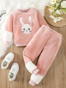 Toddler Girls Rabbit Embroidery Contrast Sleeve Flannel Sweatshirt & Trousers - Baby Pink - View 1