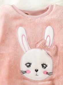 Toddler Girls Rabbit Embroidery Contrast Sleeve Flannel Sweatshirt & Trousers - Baby Pink - View 6