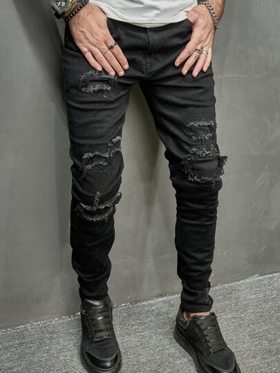 Uomo Jeans Skinny In Cotone Strappati Sfilacciati Slim Fit Jean Lungo Con Cargo Nero Solido Per Le Vacanze E Luso Quotidiano Con Gli Amici