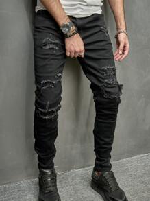 Manfinity LEGND Men Cotton Ripped Frayed Skinny Jeans Slim Fit Long Jean Cargo Plain Black Vacation Street Wear Friends - Black - View 6