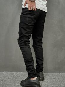 Manfinity LEGND Men Cotton Ripped Frayed Skinny Jeans Slim Fit Long Jean Cargo Plain Black Vacation Street Wear Friends - Black - View 2