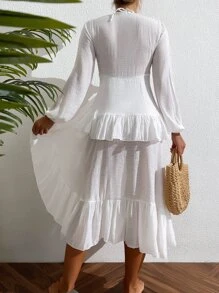 Ruffle Trim Tie Front Kimono - White - View 2