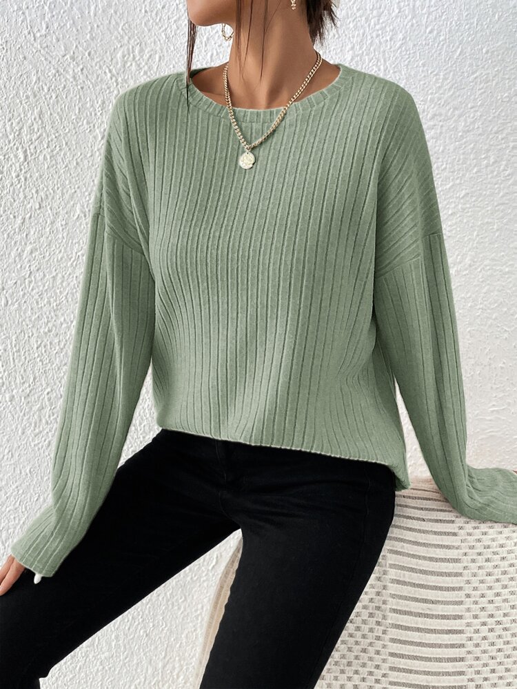Solid Ribbed Knit Drop Shoulder Tee