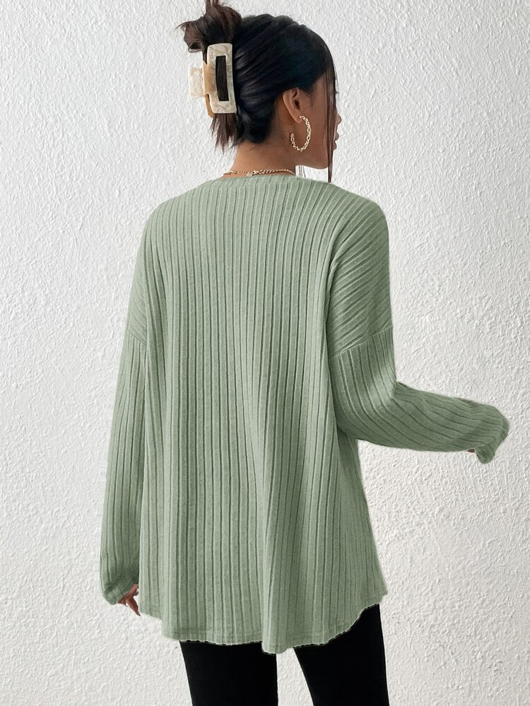 Solid Ribbed Knit Drop Shoulder Tee
