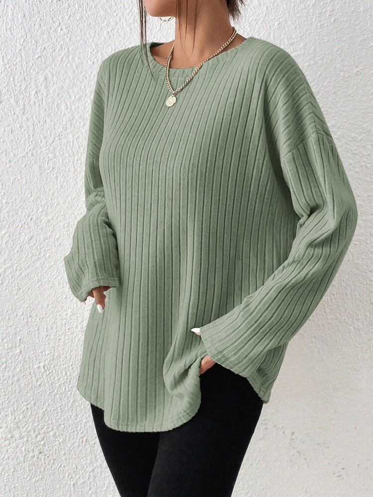 Solid Ribbed Knit Drop Shoulder Tee
