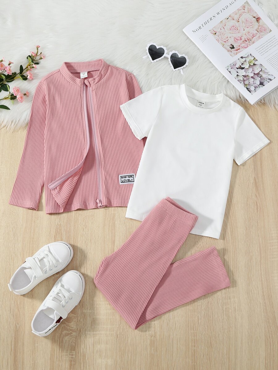 SHEIN Bộ thời trang bé gái Gân đan Đắp vá Dây kéo Khối Màu Lá thư Giải trí - Nhiều màu - Xem 1