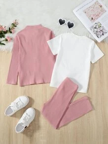 SHEIN Bộ thời trang bé gái Gân đan Đắp vá Dây kéo Khối Màu Lá thư Giải trí - Nhiều màu - Xem 2