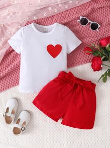 SHEIN Young Girl Heart Print Tee & Belted Shorts