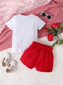 SHEIN Young Girl Heart Print Tee & Belted Shorts