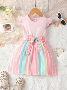 小女童塊狀條紋荷葉邊繫腰帶洋裝 - 彩色 - 查看 1