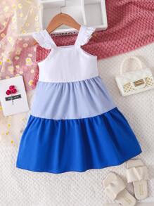 SHEIN Toddler Girls Colourblock Ruffle Trim Ruffle Hem Dress - Blue and White - View 2