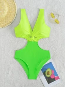 SHEIN Swim Two Tone Cut Out Waist One Piece Swimsuit - Multicolor - View 6