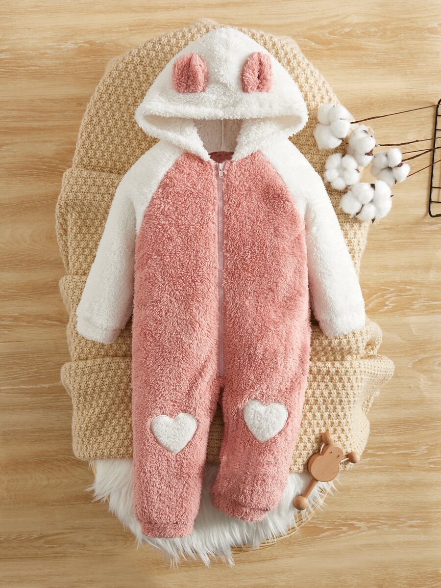 SHEIN Leap Crew Mono Teddy Con Capucha Y Diseño De Orejas 3d Para Bebé Niña - Rosa coral - Ver 1