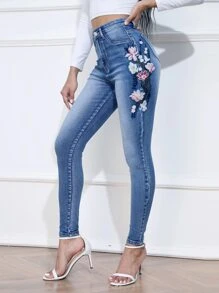 High Waist Floral Embroidery Skinny Jeans - Medium Wash - View 1