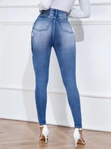 High Waist Floral Embroidery Skinny Jeans - Medium Wash - View 2