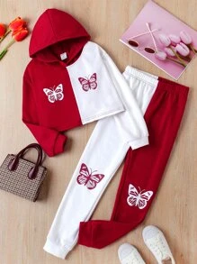 SHEIN Tween女孩雙色蝴蝶印花連帽衫和運動長褲 - 紅白色 - 查看 1