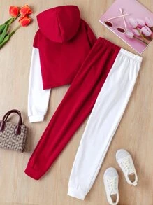 SHEIN Tween女孩雙色蝴蝶印花連帽衫和運動長褲 - 紅白色 - 查看 2