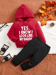 SHEIN Baby Slogan Graphic Hoodie & Joggers - Burgundy - View 1