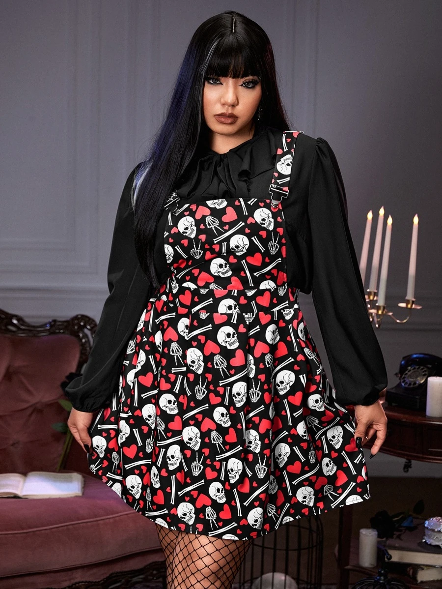 ROMWE PUNK Plus Skull & Heart Print Pinafore Dress Without Blouse - Black - View 1