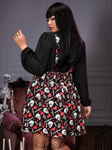 ROMWE PUNK Plus Skull & Heart Print Pinafore Dress Without Blouse - Black - View 2