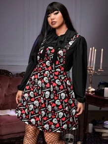 ROMWE PUNK Plus Skull & Heart Print Pinafore Dress Without Blouse - Black - View 3